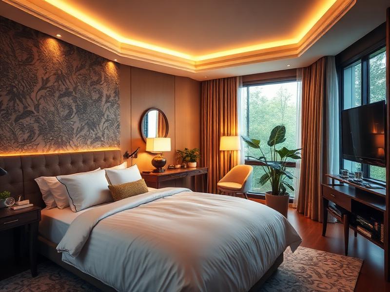 Luxury hotel room interior with warm ambient lighting